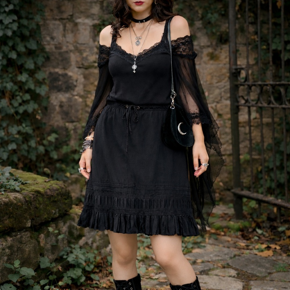 Y2K Whimsigoth Black Midi Skirt Ruffle Hem‎ Prairie Goth Grunge Dark Romantic 8